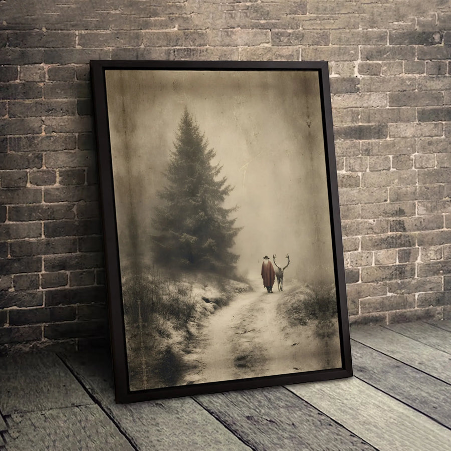Vintage Winter Forest Canvas Art | Man in Red Cloak with Deer Silhouette | Premium 1.25 Inch Gallery Wrap | Seasonal Nature Wall Decor