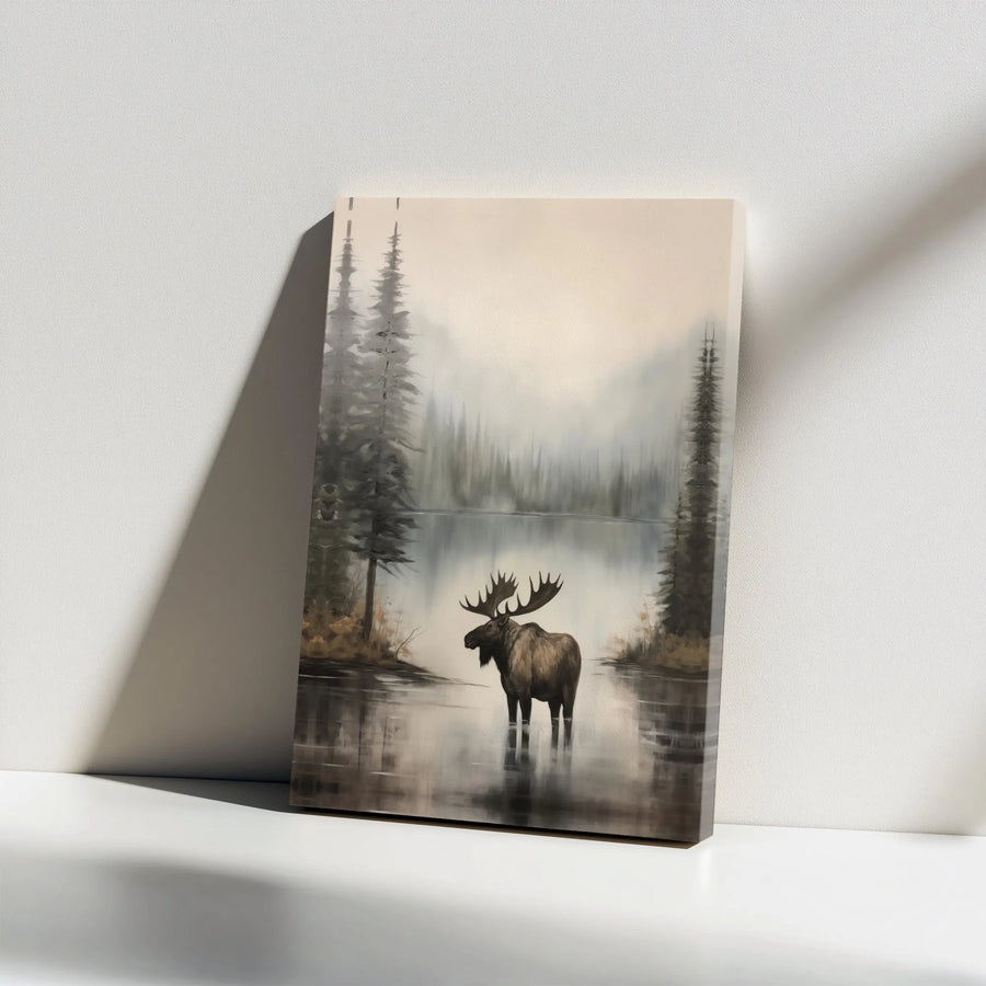 Moose Canvas Wall Art | Rustic Wildlife Painting in Misty Forest | Premium Gallery Wrapped Canvas | Cabin Decor Gift for Nature Lovers