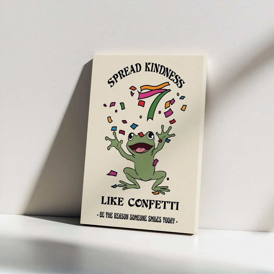 Inspirational Frog Vertical Canvas | Spread Kindness Like Confetti Quote | Premium Gallery Print | Positive Classroom & Kids Room Decor Gift