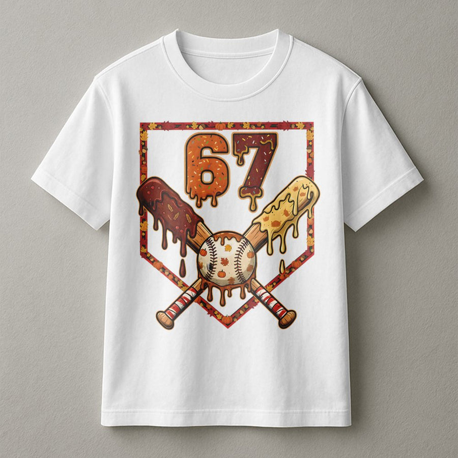 Baseball Number 67 T-Shirt | Dripping Chocolate Sports Graphic | Premium 100% Cotton | Thanksgiving Birthday Gift for Baseball Players