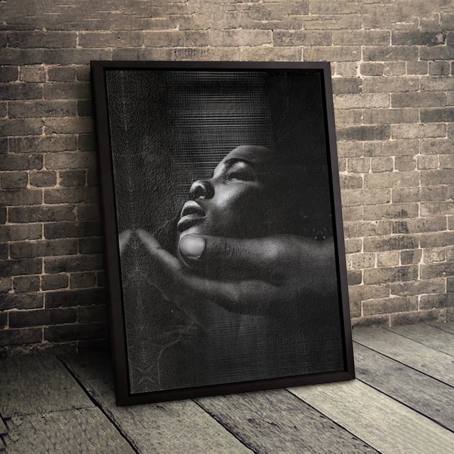 Black And White Portrait Canvas | Serene Face Cradled In Hand Art | 1.25 Inch Gallery Wrap | Modern Home Decor Wall Art