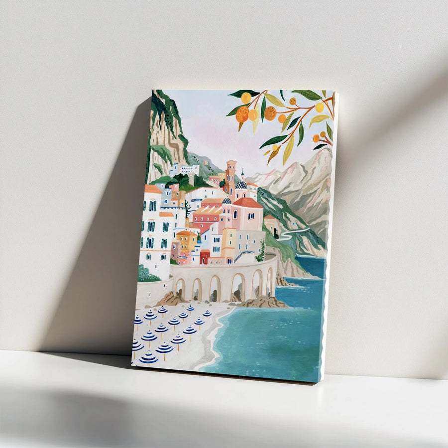 Amalfi Coast Wall Art | Italian Riviera Coastal Landscape Painting | Premium Gallery Wrapped Canvas | Mediterranean Home Decor Gift
