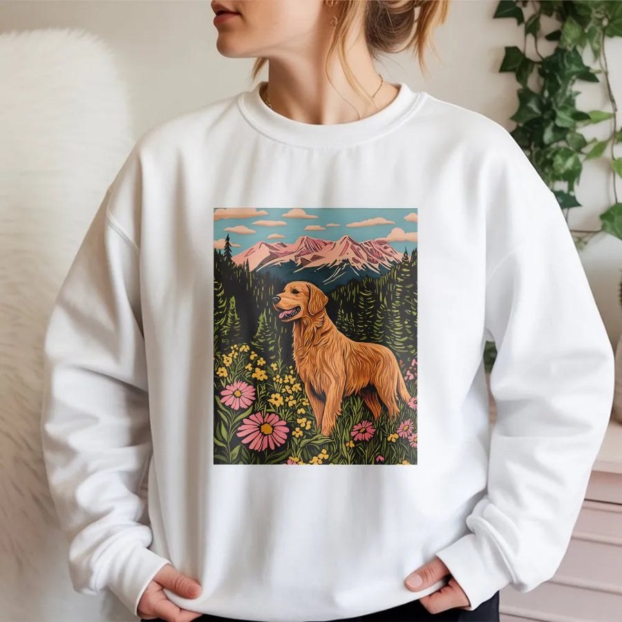 Golden Retriever Sweatshirt | Nature Hiking Mountain Graphic | Premium Cotton Blend | Gift for Dog Lover and Outdoor Adventurer