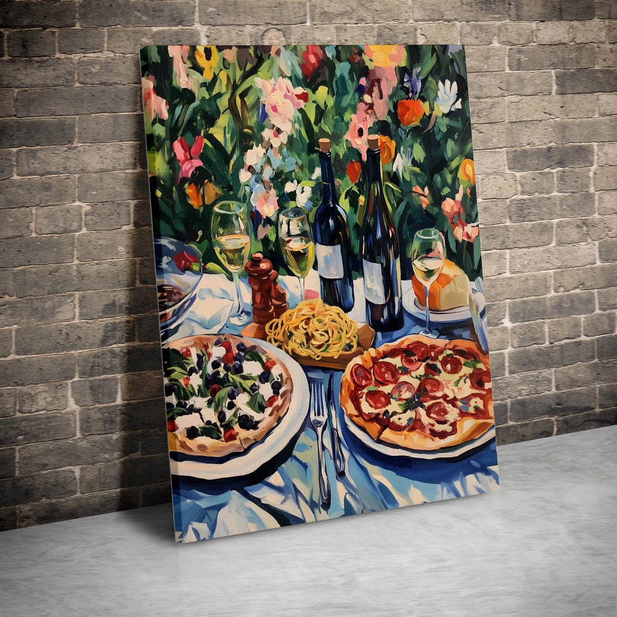 Italian Dinner Canvas Print | Pizza Pasta and Wine Garden Wall Art | Gallery-Quality 1.25" Thick Frame | Culinary Kitchen Decor for Foodies