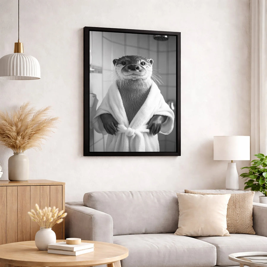 Funny Otter in Bathrobe Canvas Print | Whimsical Bathroom Wall Art | Premium Gallery-Wrapped Portrait | Unique Gift for Animal Lovers