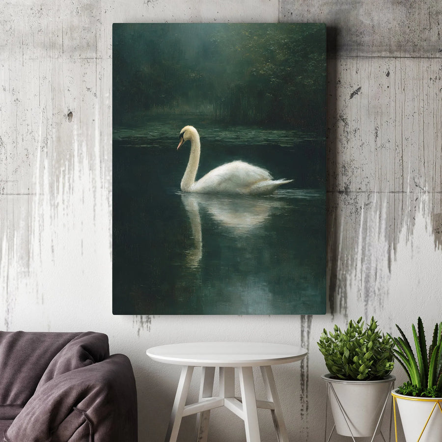 White Swan Canvas Wall Art | Tranquil Lake Landscape Painting | Premium Gallery Wrapped Decor | Nature Lover Living Room Gift