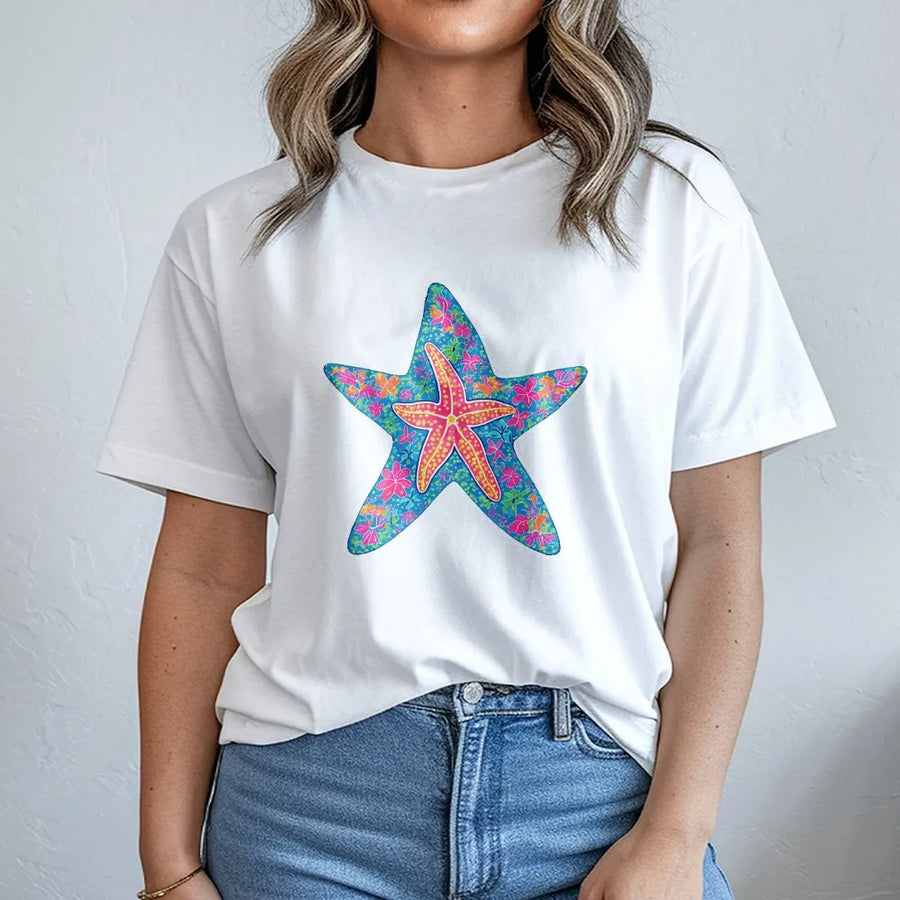 Preppy Starfish T-Shirt | Colorful Coastal Floral Graphic | Soft Cotton Blend Crewneck | Unisex Summer Vacation Gift