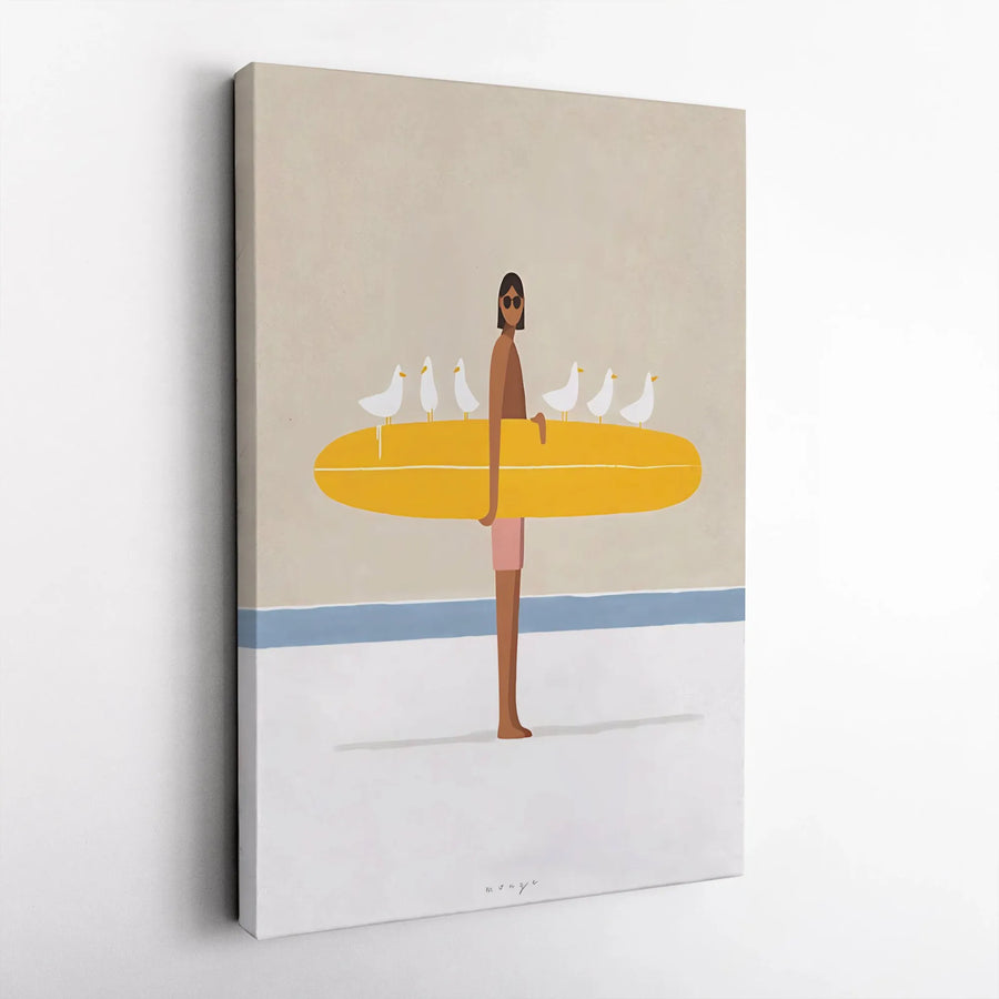 Surfer Art Print | Minimalist Beach Wall Decor with Yellow Surfboard and Seagulls | Premium Gallery Canvas | Coastal Home Decor Gift for Surfers