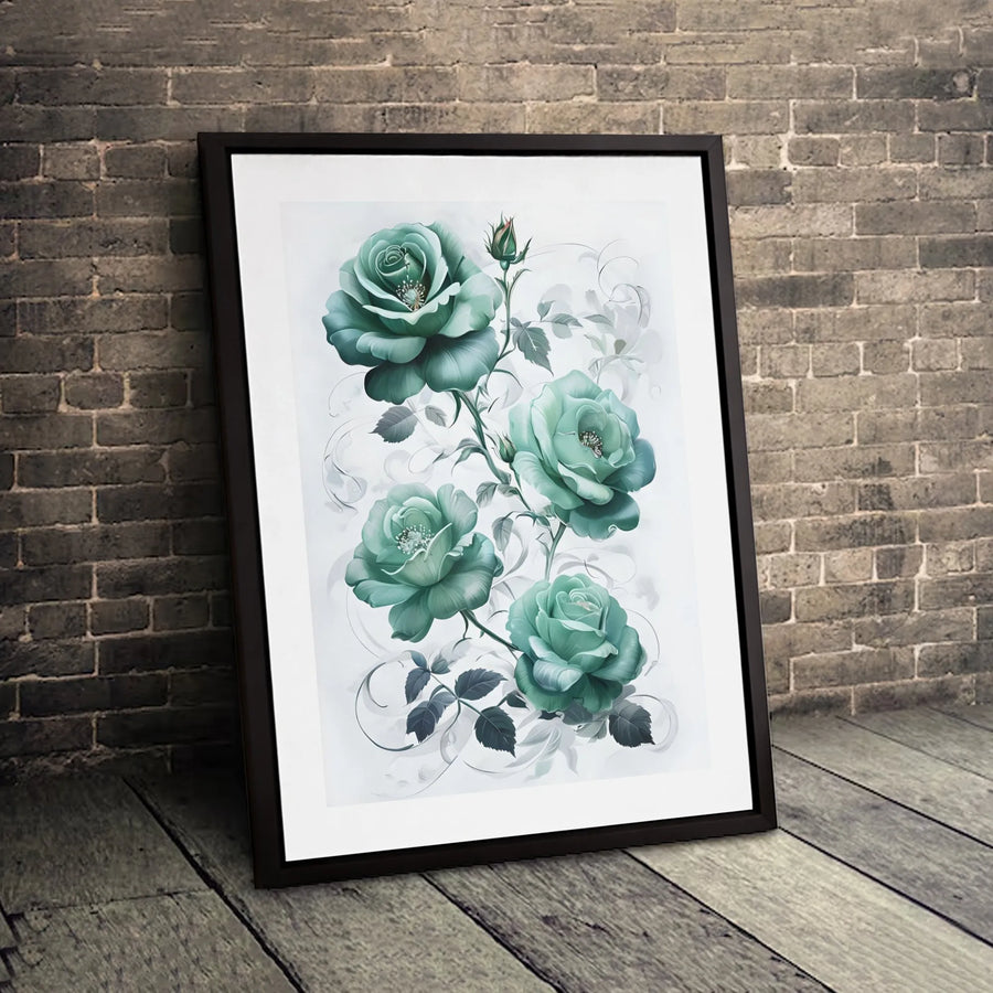 Teal Rose Wall Art Canvas | Elegant Floral Vine Botanical Print | Premium Fade-Resistant Gallery Wrap | Modern Home Decor Gift