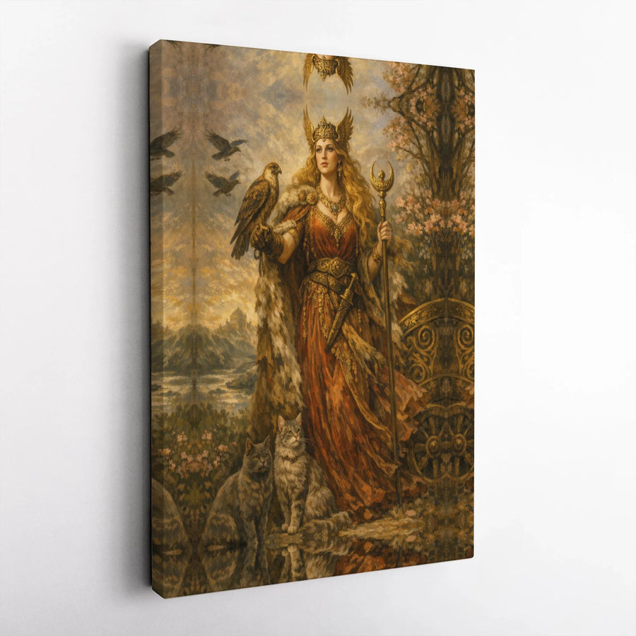 Freya Goddess Canvas Wall Art | Vintage Norse Mythology Print with Cats & Falcon | Premium Gallery Wrapped Canvas | Pagan Home Decor Gift