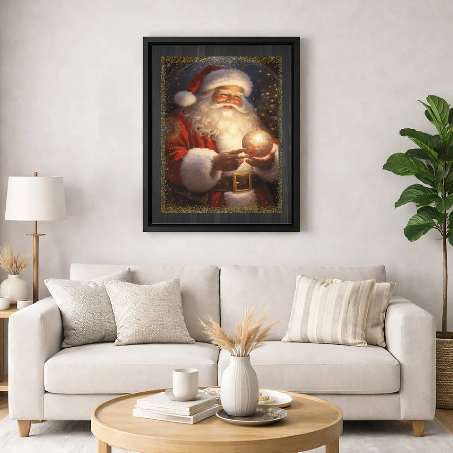 Vintage Santa Claus Wall Art | Glowing Christmas Ornament Portrait | Premium Fade-Resistant Canvas | Holiday Home Decor Gift