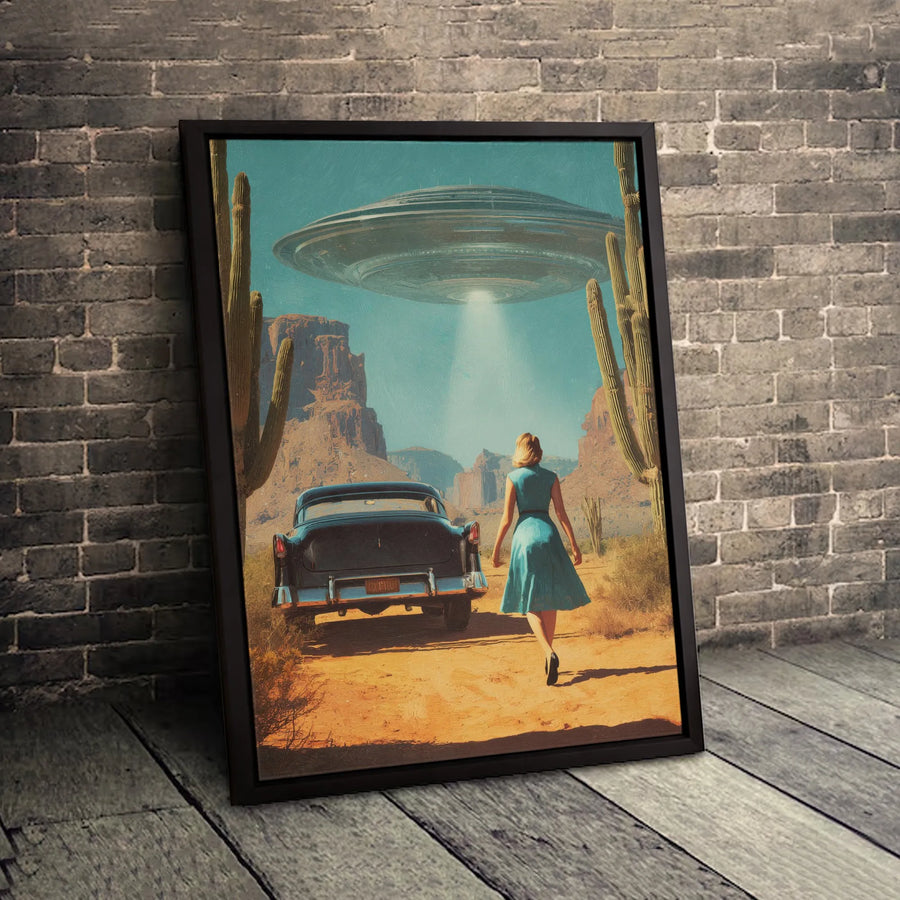 Retro UFO Abduction Canvas Print | Vintage Desert 1950s Sci-Fi Scene | Premium Gallery-Wrapped Art | Unique Sci-Fi Wall Decor Gift