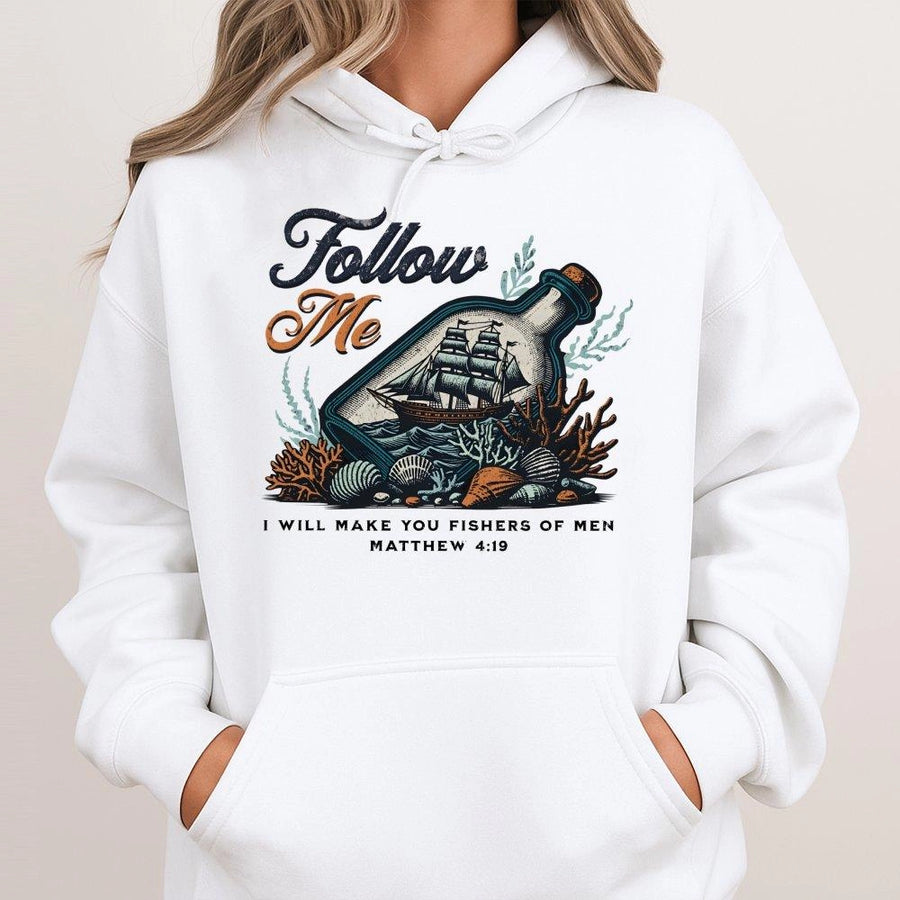 Fishers Of Men Hoodie | Matthew 4:19 Ship In Bottle Graphic | Soft Cotton-Polyester Blend | Christian Faith Gift For Men And Women