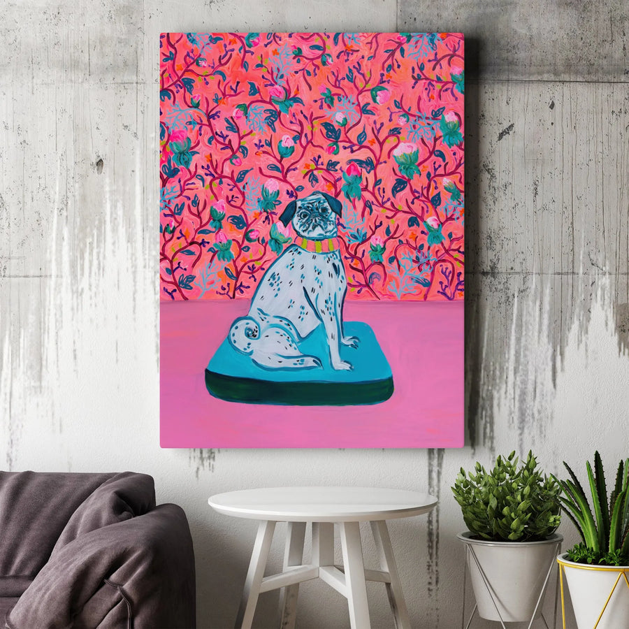 Colorful Pug Vertical Canvas | Pop Art Dog Portrait with Floral Background | Premium 1.25" Thick Gallery Wrap | Gift for Dog Lover, Modern Home Decor