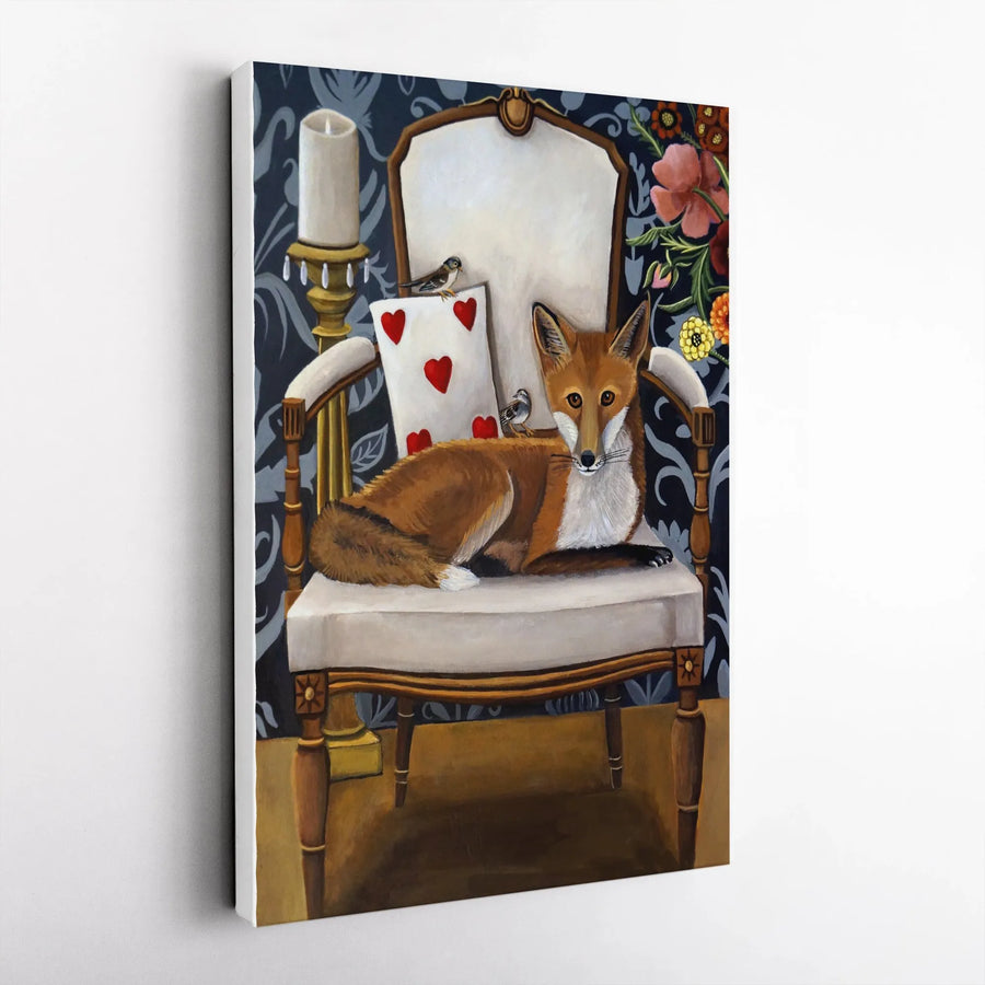 Vintage Fox Canvas Print | Whimsical Fox and Sparrow Painting on Armchair | Premium 1.25" Thick Canvas | Collector's Gift for Animal Lovers