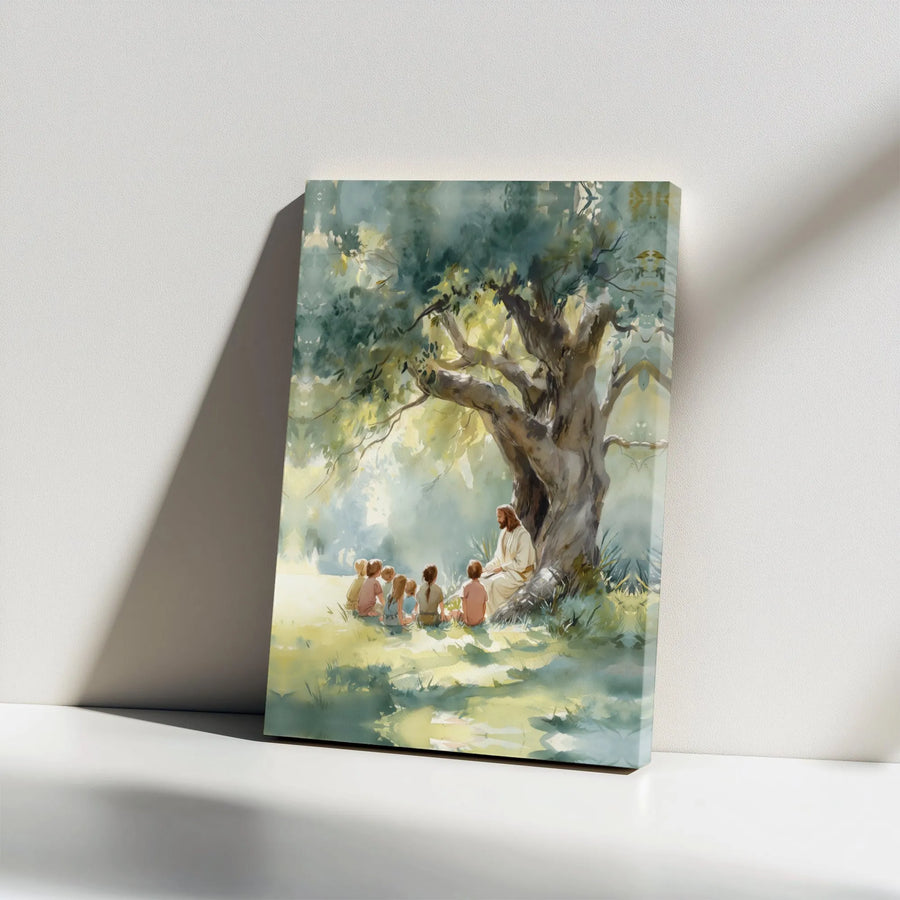 Jesus Teaching Children Canvas Wall Art | Watercolor Religious Painting | Premium Gallery Wrap Print | Christian Home Decor Gift