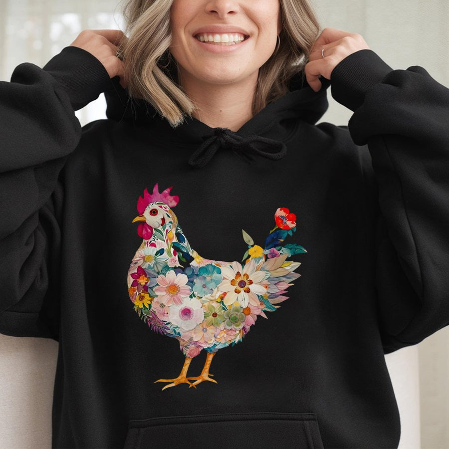Floral Chicken Hoodie | Whimsical Hen Flower Art Graphic | Premium Cotton Blend Cozy Pullover | Gift for Farmers & Chicken Lovers