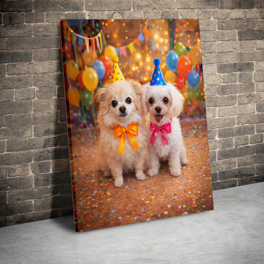 Cute Dog Birthday Party Canvas | Two Fluffy Puppies in Party Hats | Premium Gallery Wrapped Canvas | Gift for Dog Lover & Kids Room Decor