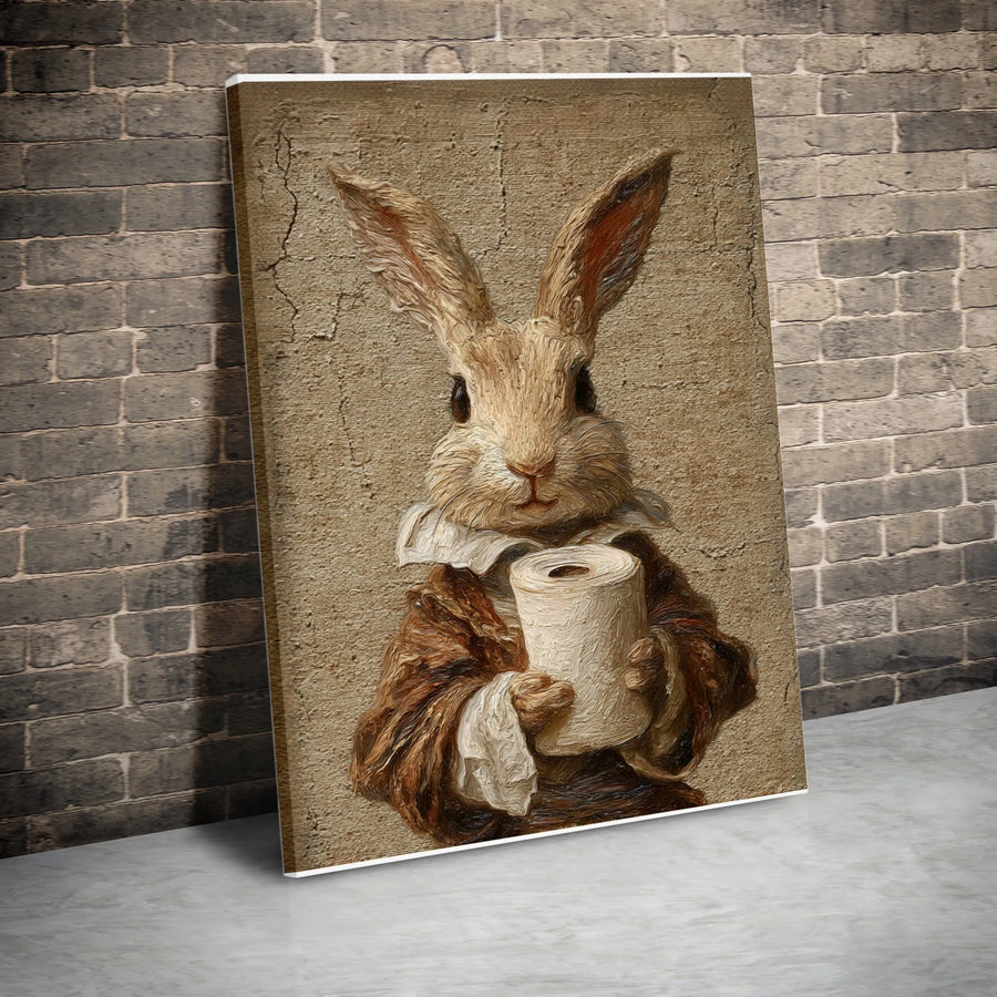 Funny Bathroom Canvas Art | Renaissance Rabbit with Toilet Paper | Premium Gallery Wrapped Wall Decor | Unique Housewarming Gift