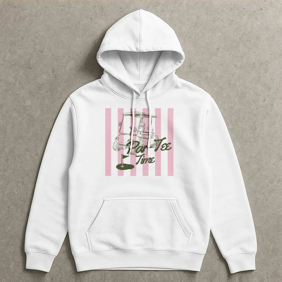 Par Tee Time Golf Hoodie | Cute Preppy Pink Stripe Golf Cart Graphic | Cozy Cotton-Blend | Funny Golfing Gift for Her