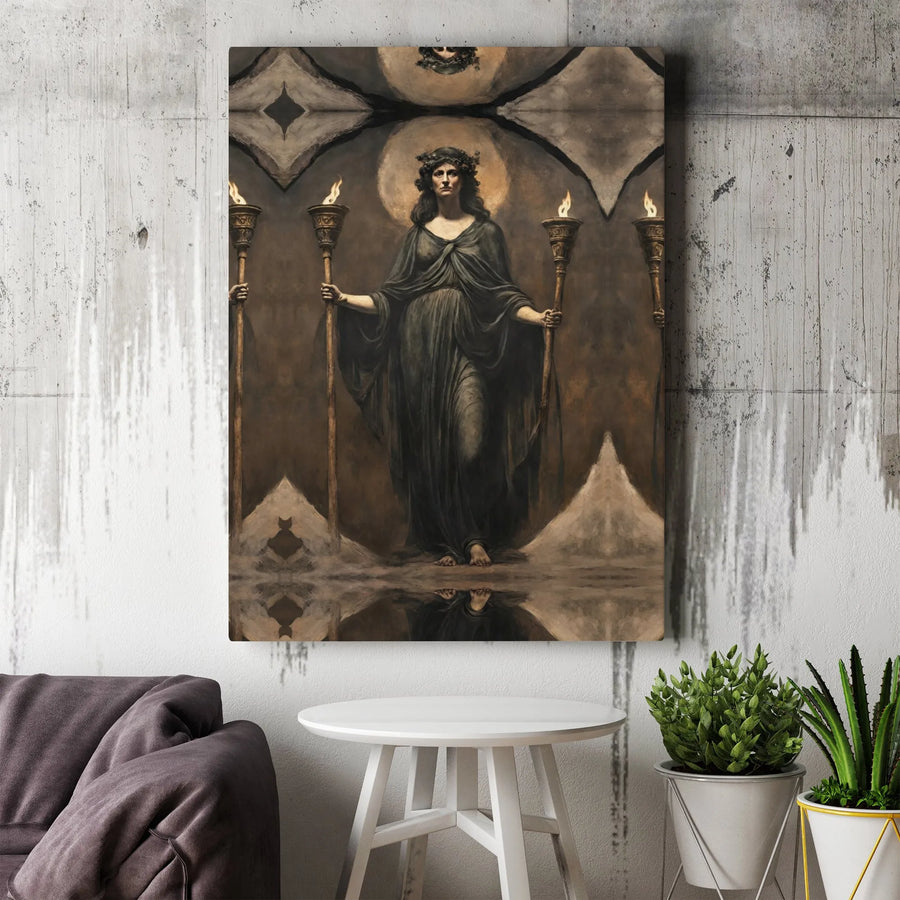 Hecate Canvas Wall Art | Greek Goddess of Magic with Torches | Premium Gallery Wrapped Print | Gothic Home Decor & Wiccan Altar Gift