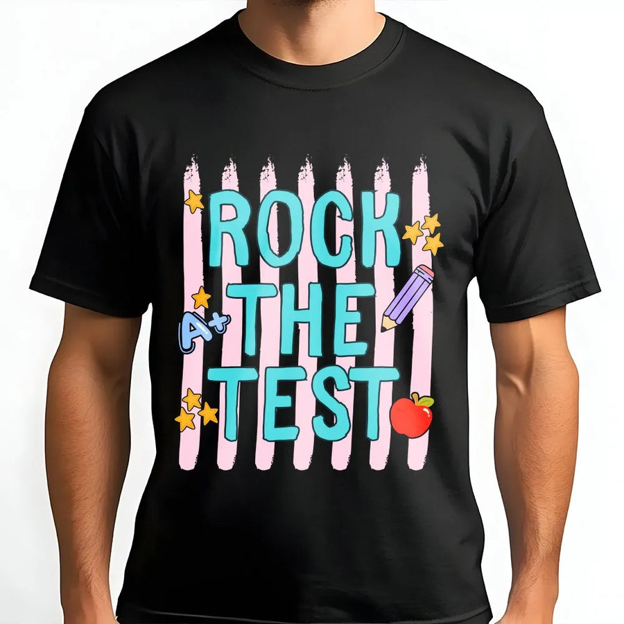 Rock The Test Shirt | Teacher Testing Day Graphic Tee | Soft Cotton Unisex Top | Motivational Gift for Students & Educators