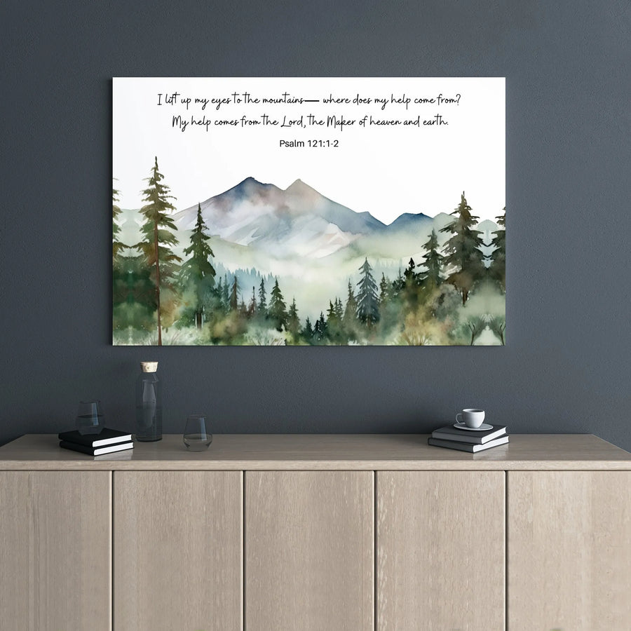 Psalm 121:1-2 Bible Verse Canvas Wall Art | Watercolor Mountain Landscape Print | 1.25 Inch Thick Premium Gallery Wrap | Christian Home Decor Gift
