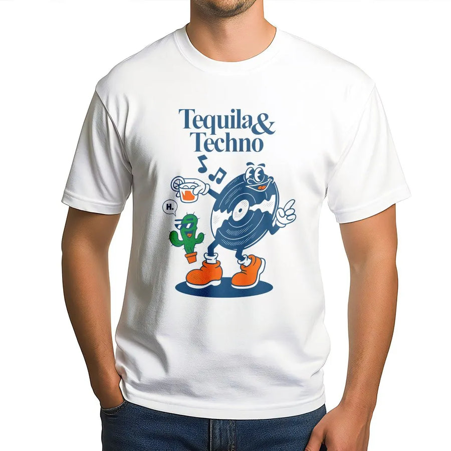 Tequila and Techno Graphic T-Shirt | Retro Cartoon Music Mascot Design | Soft Breathable Cotton | Gift for DJ & Music Festival Goer