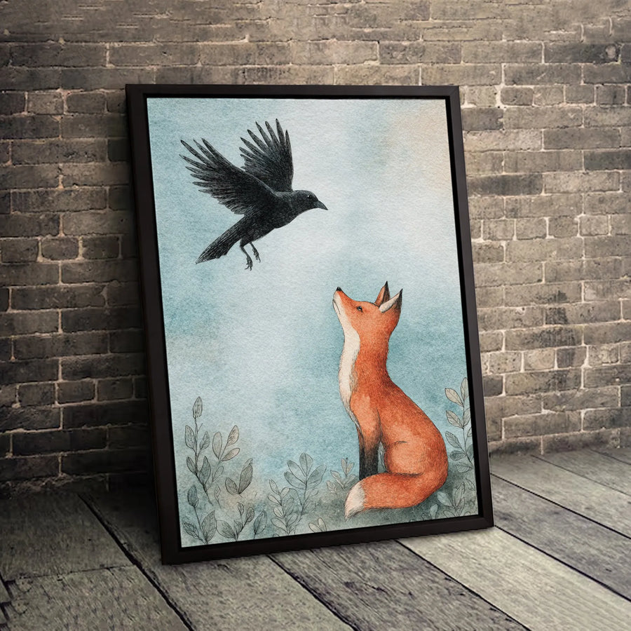 Fox and Crow Canvas Art | Whimsical Watercolor Forest Illustration | Gallery Wrapped 1.25" Profile | Woodland Nature Gift for Home Decor