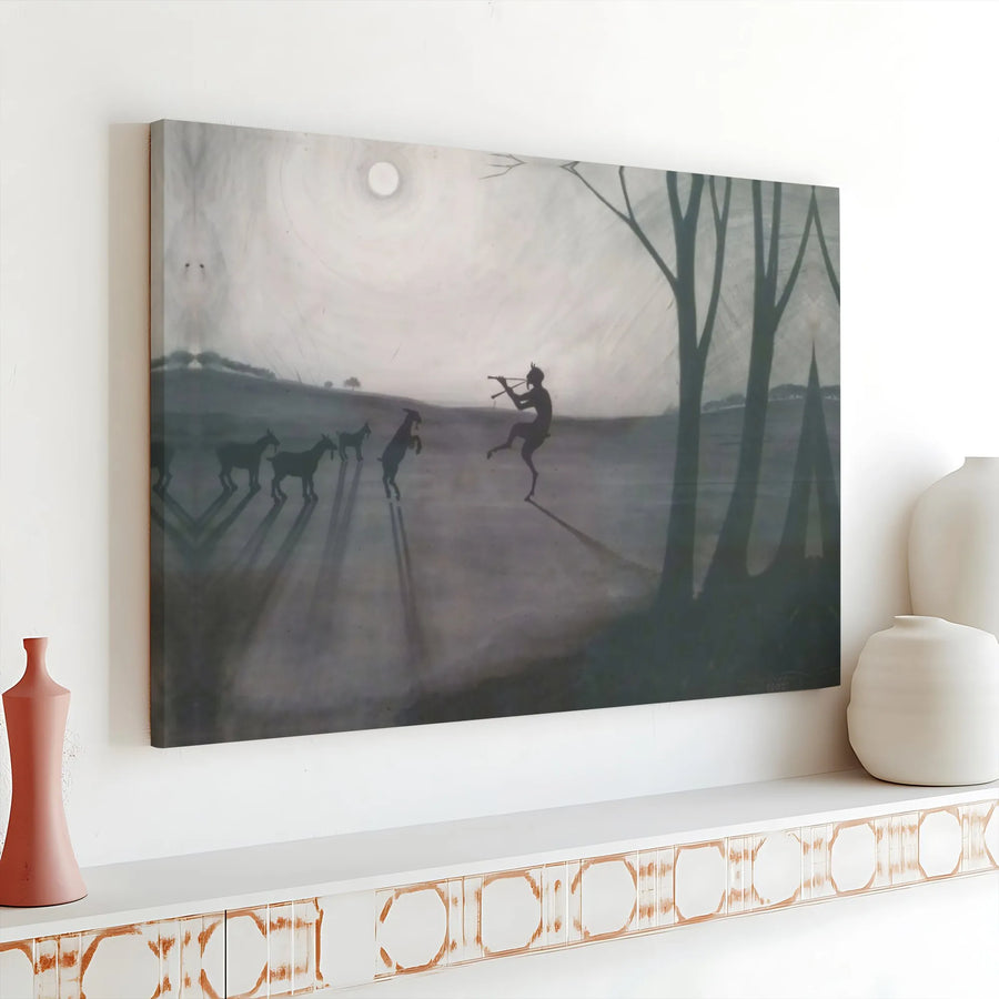 Satyr Pan Wall Art | Mythological Flute Player and Dancing Goats Canvas | Premium Gallery Wrap Decor | Dark Fantasy Home Office Gift