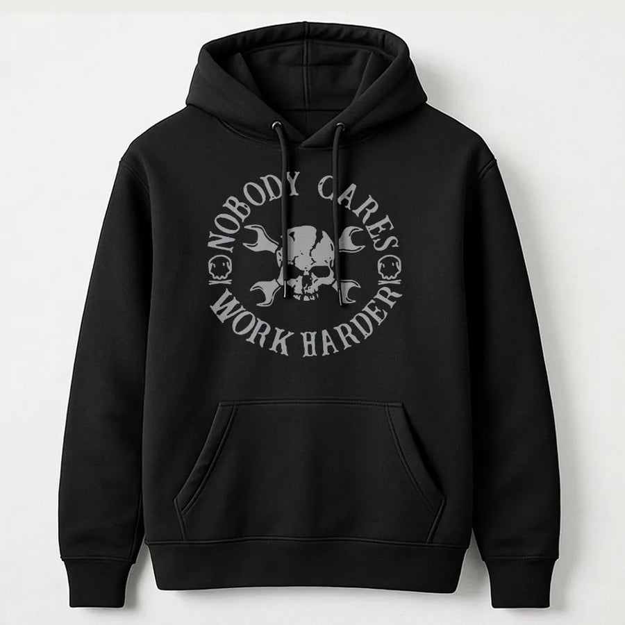 Nobody Cares Work Harder Hoodie | Mechanic Skull Wrench Graphic | Soft Cotton Blend Premium Pullover | Motivational Gift for Men and Women