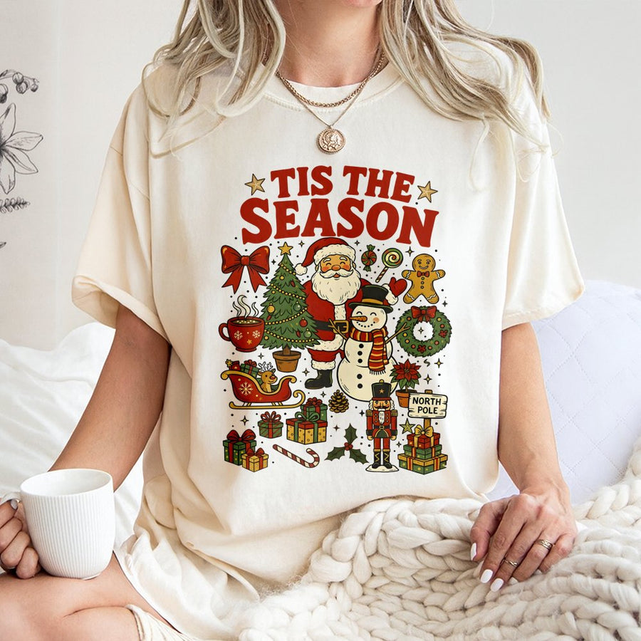 Tis The Season Christmas T-Shirt | Santa Claus, Snowman & Festive Holiday Graphic | 100% Cotton Premium Tee | Unisex Gift for Family & Holiday Parties
