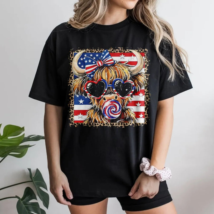 Highland Cow 4th of July T-Shirt | Leopard Print American Flag Graphic | Premium Cotton Blend | Patriotic Western Gift for Women