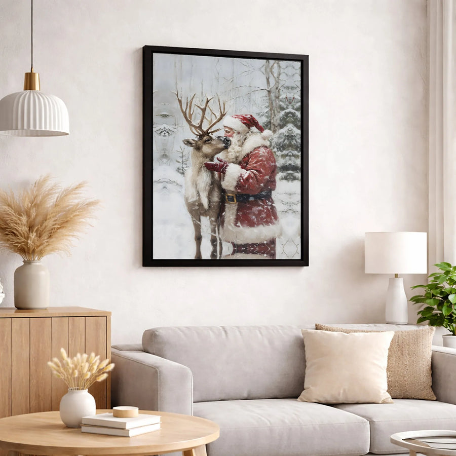 Santa and Reindeer Canvas Wall Art | Snowy Winter Forest Painting | Premium Gallery Wrapped Decor | Festive Christmas Gift for Holiday Home