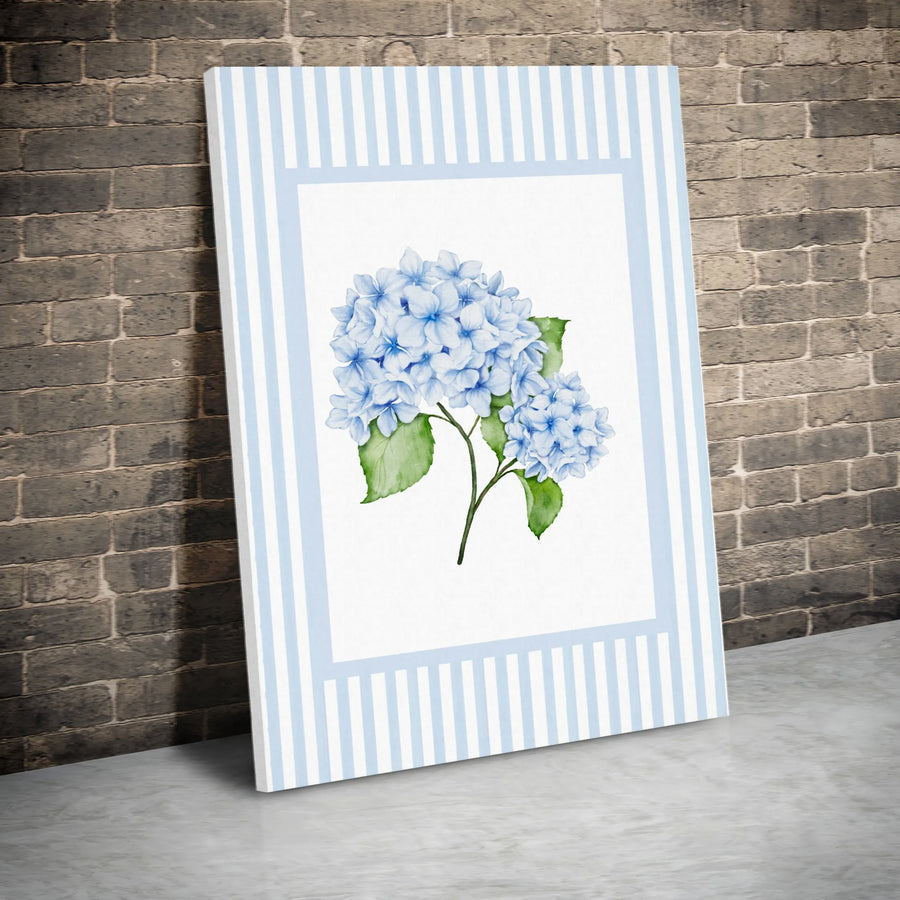 Blue Hydrangea Canvas Print | Watercolor Floral Art With Striped Border | Premium Gallery Wrap Wall Decor | Botanical Home Gift For Her