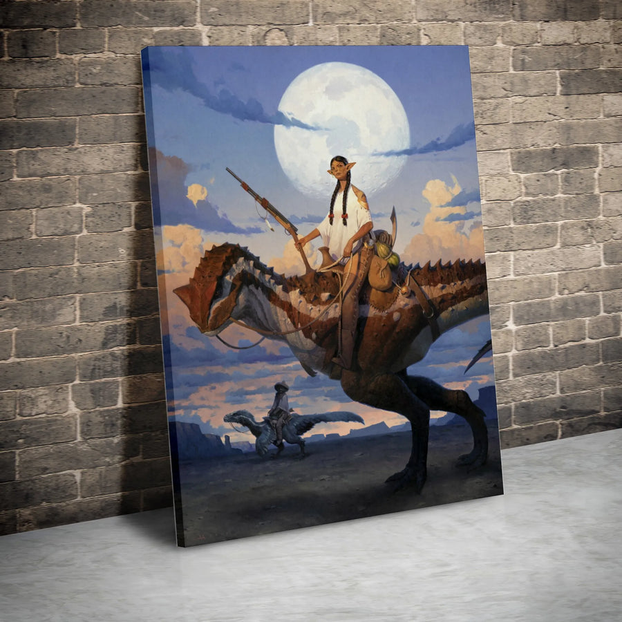Fantasy Dinosaur Rider Canvas Print | Elven Princess & Full Moon Art | Premium Gallery Wrapped Canvas | Collector's Gift for Sci-Fi & Western Fans