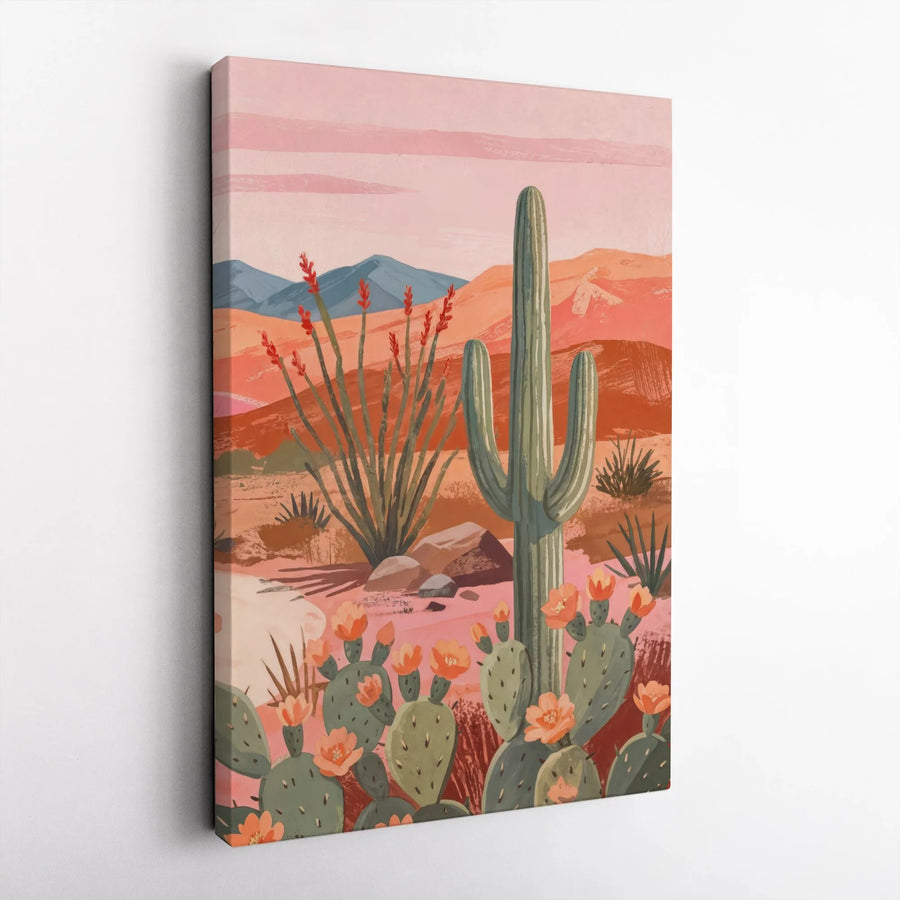 Southwestern Desert Canvas Wall Art | Boho Saguaro & Prickly Pear Illustration | Premium Gallery Wrap Canvas | Modern Living Room Decor Gift