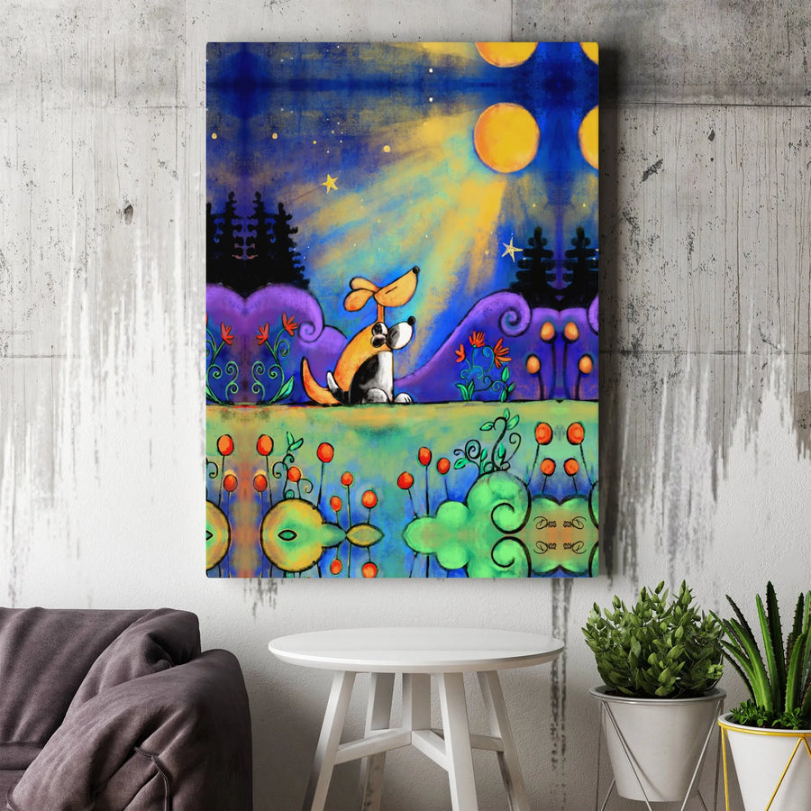 Dog Lovers Canvas Wall Art | Whimsical Night Sky Cartoon Illustration | Premium 1.25-Inch Gallery Wrap | Cute Gift for Pet Owners