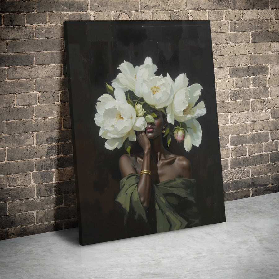 Black Woman Canvas Wall Art | White Peony Floral Portrait | Premium Gallery Wrapped Print | Modern African American Home Decor Gift