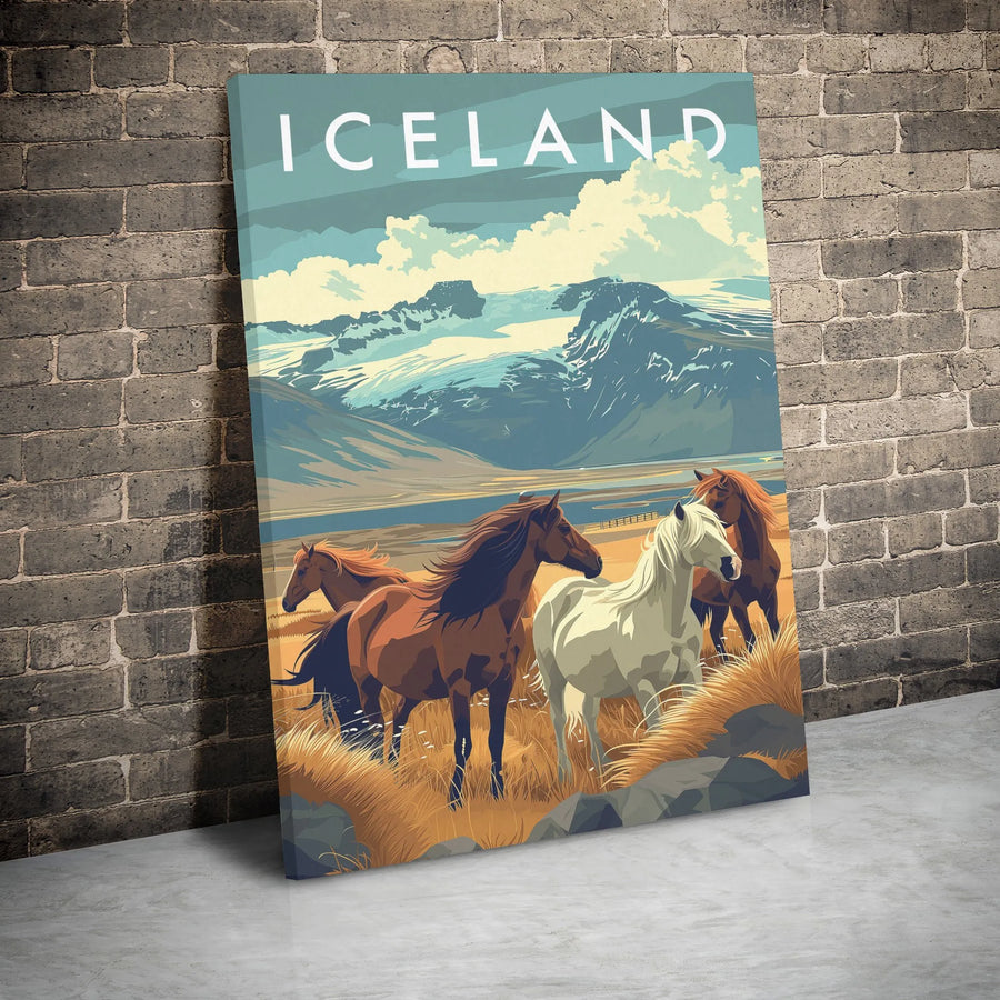 Iceland Travel Poster Canvas | Vintage Icelandic Horses Landscape Wall Art | Gallery Wrapped Premium Decor | Gift for Travel Enthusiasts