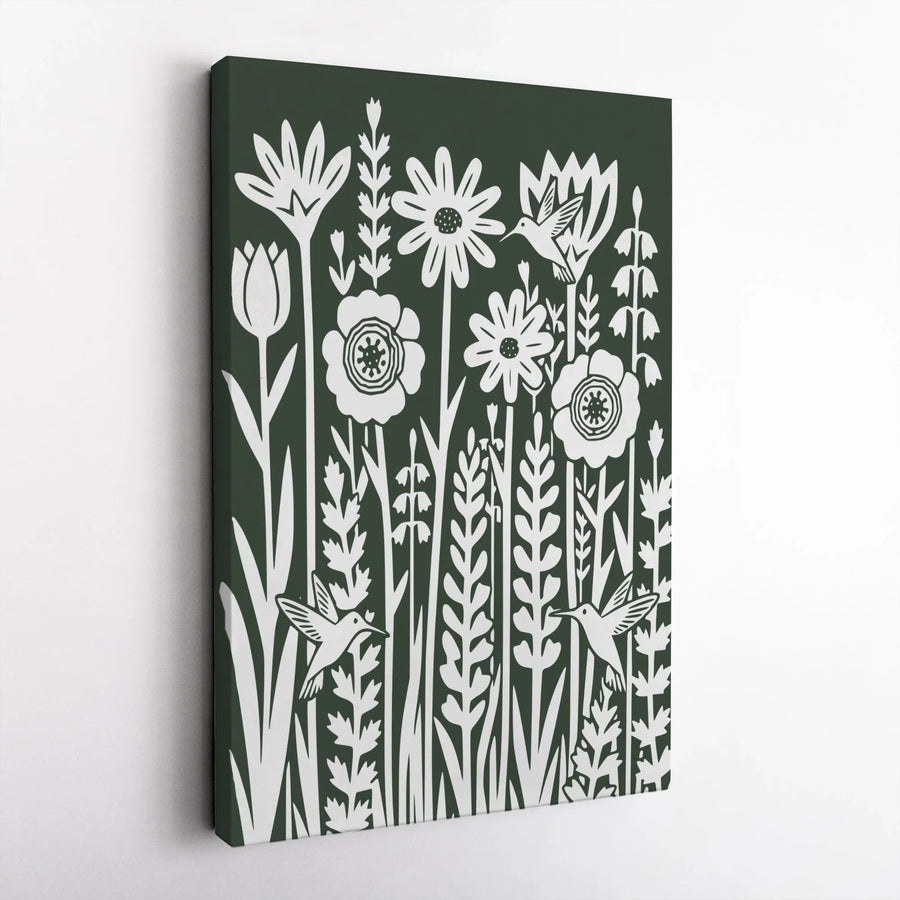 Hummingbird Wildflower Canvas Wall Art | Botanical Block Print Style | Premium Gallery Wrap Canvas | Minimalist Nature Decor Gift for Her