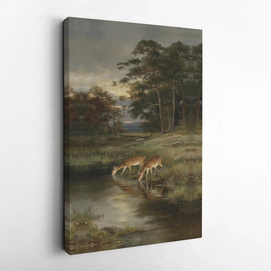 Vintage Deer Canvas Print | Forest Scene with Two Fawns Drinking | Premium Gallery Wall Art | Rustic Lodge & Cabin Decor Gift