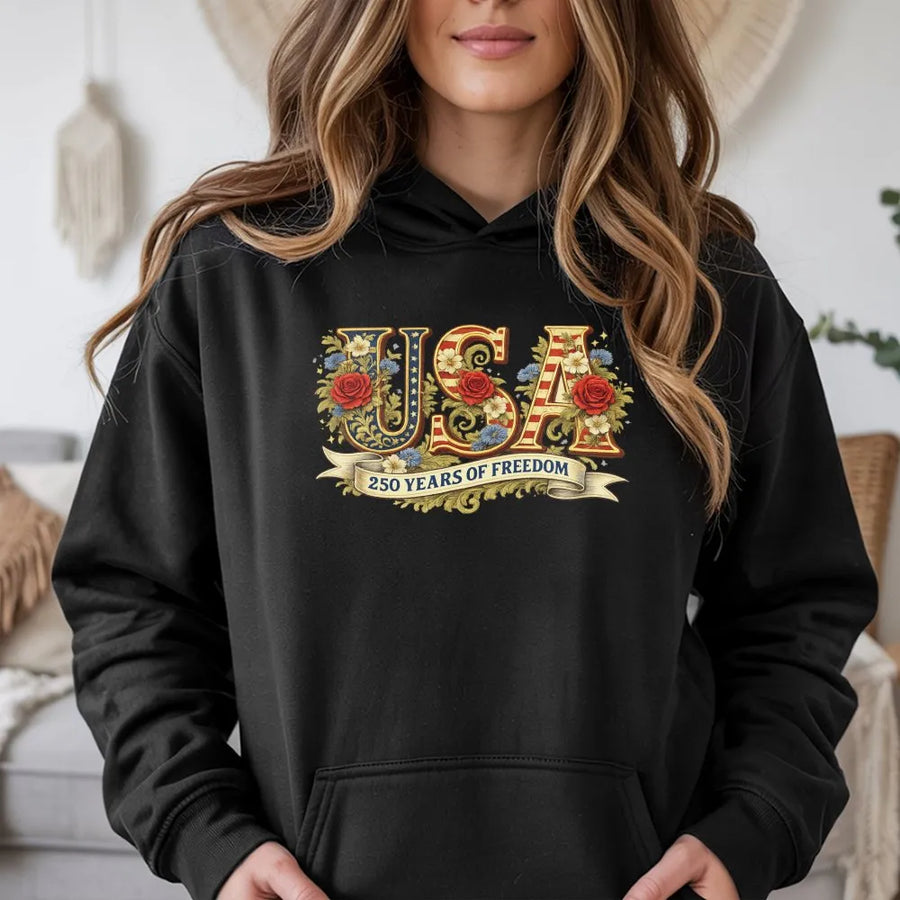 USA 250th Anniversary Hoodie | Vintage Floral USA Flag Design | Soft Cotton Blend Pullover | Patriotic Collector's Gift for Independence Day 2026