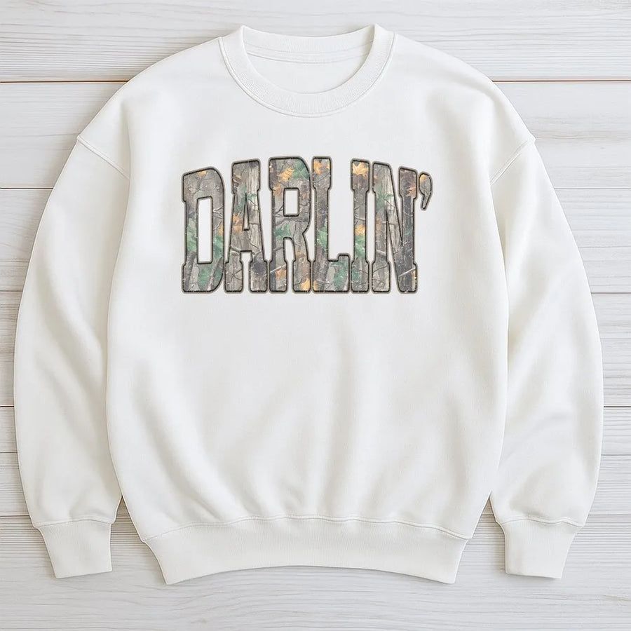 Darlin' Camo Print Sweatshirt | Retro Country Western Aesthetic | Premium Cotton Blend Crewneck | Trendy Gift for Her