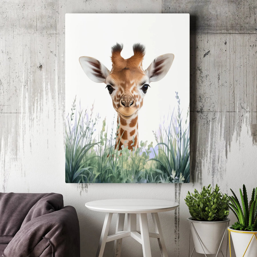 Baby Giraffe Canvas Wall Art | Adorable Safari Nursery Decor | Premium Gallery Wrap Print | Cute Animal Wildlife Painting for Kids Room