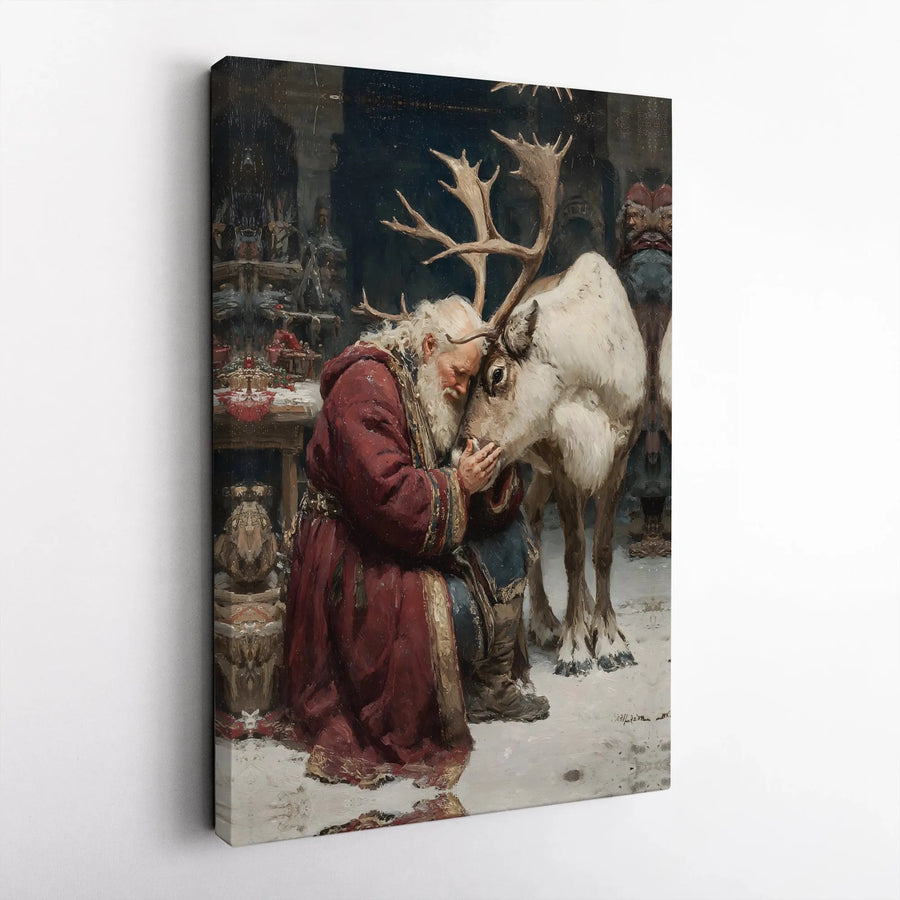 Vintage Santa Claus and Reindeer Canvas Art | Whimsical Christmas Portrait | Premium Gallery-Wrapped Print | Holiday Home Decor Gift