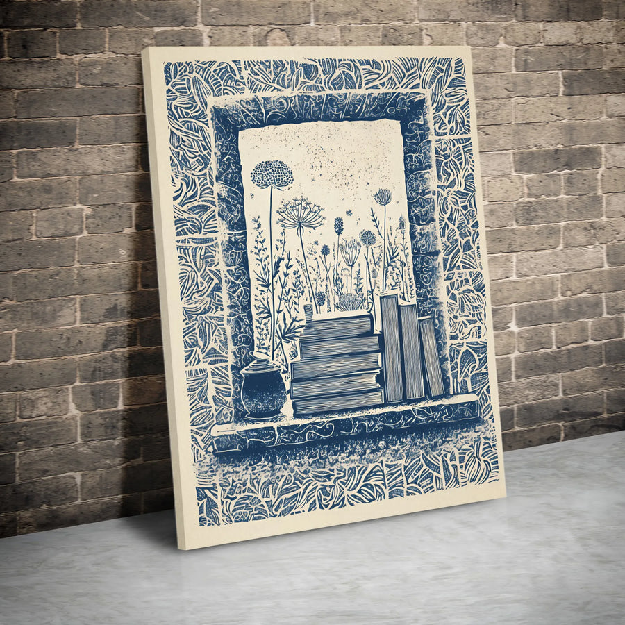 Wildflower Bookshelf Canvas Print | Blue Linocut Botanical Art | Premium Gallery Wrapped Canvas | Modern Farmhouse Wall Decor Gift for Book Lovers