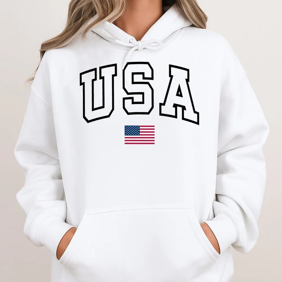 Patriotic USA Flag Hoodie | Retro Collegiate Design | Premium Soft Cotton | Fourth of July Independence Day Gift for Men Women