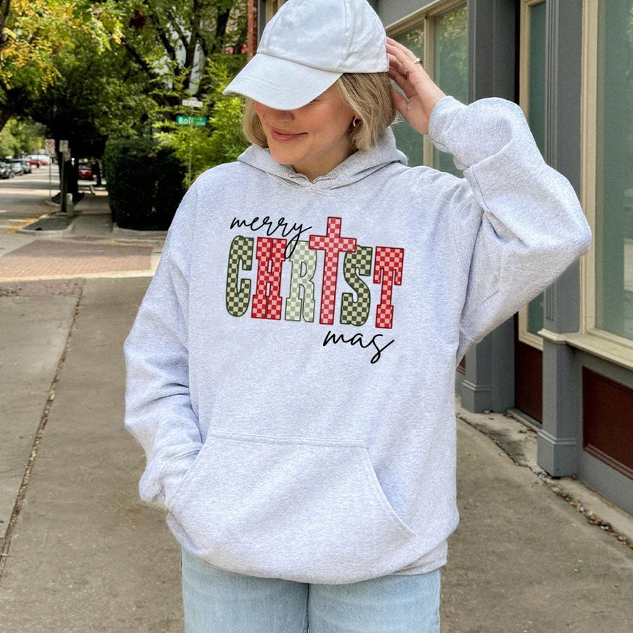 Merry Christmas Cross Hoodie | Checkered Holiday Graphic Print | Premium Cotton Blend | Religious Christian Gift for Women and Men