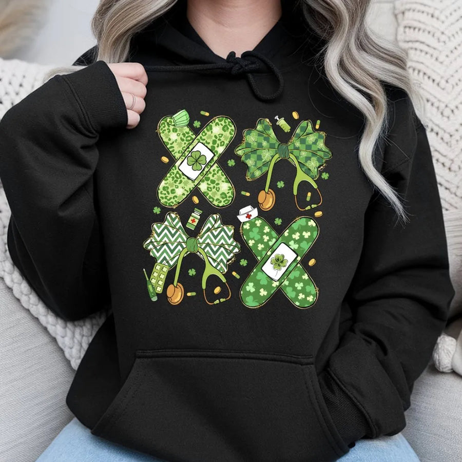 St. Patrick's Day Nurse Hoodie | Lucky Shamrock Medical Bow Graphic | Premium Cotton Blend | Gift for Healthcare Workers & RNs